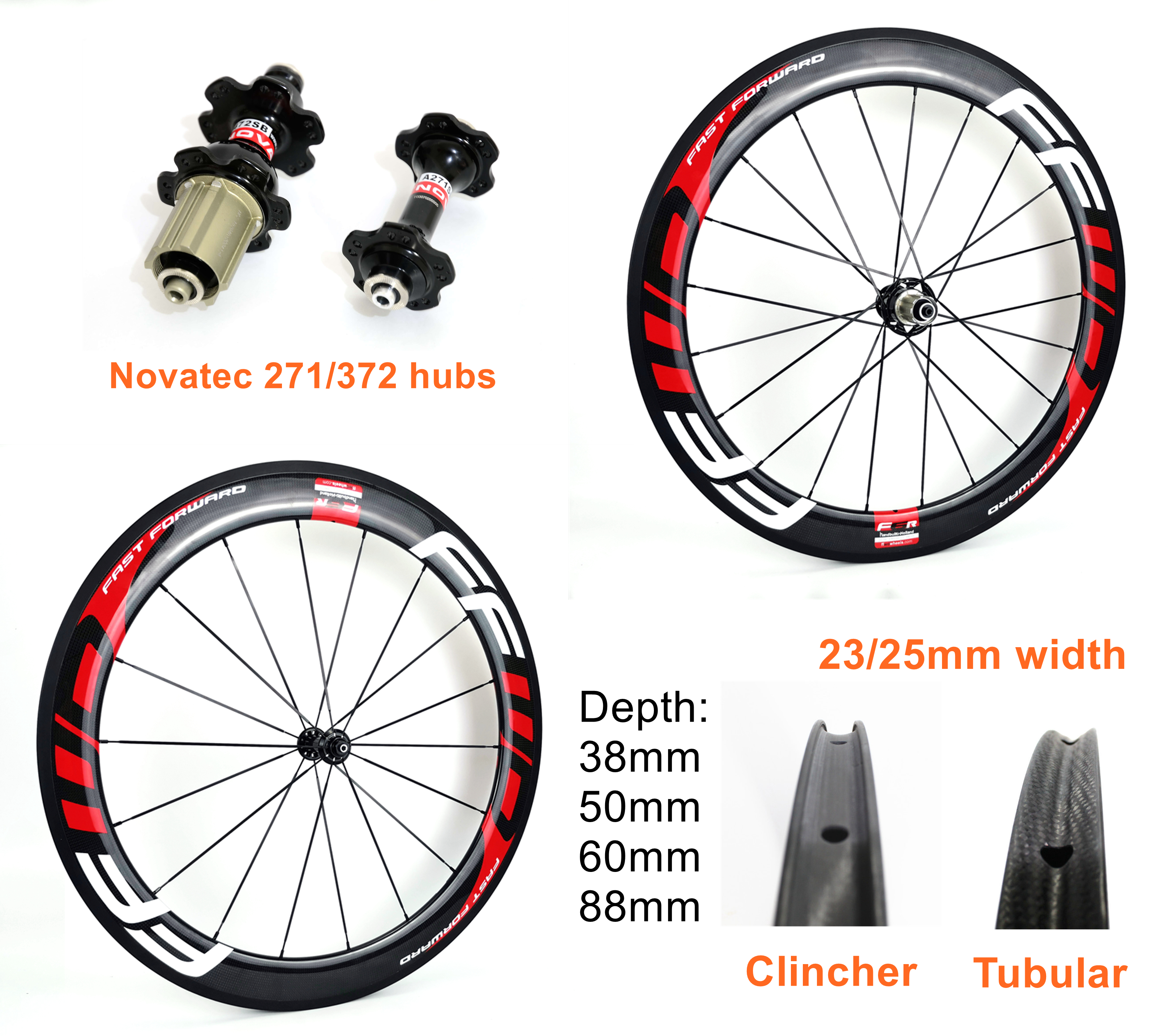 

700C carbon rim 38/50/60/88mm depth 25mm width road carbon wheels clincher/Tubular carbon wheelset with novatec 271/372 hubs