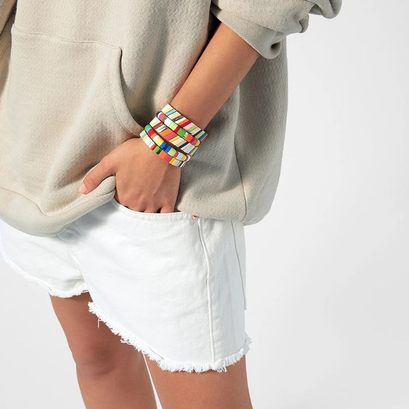 

Link, Chain Bohemian Elastic Stretch Colorful Tile Enamel Rectangle Bracelet Stackable Rainbow Charm Bangle Jewelry