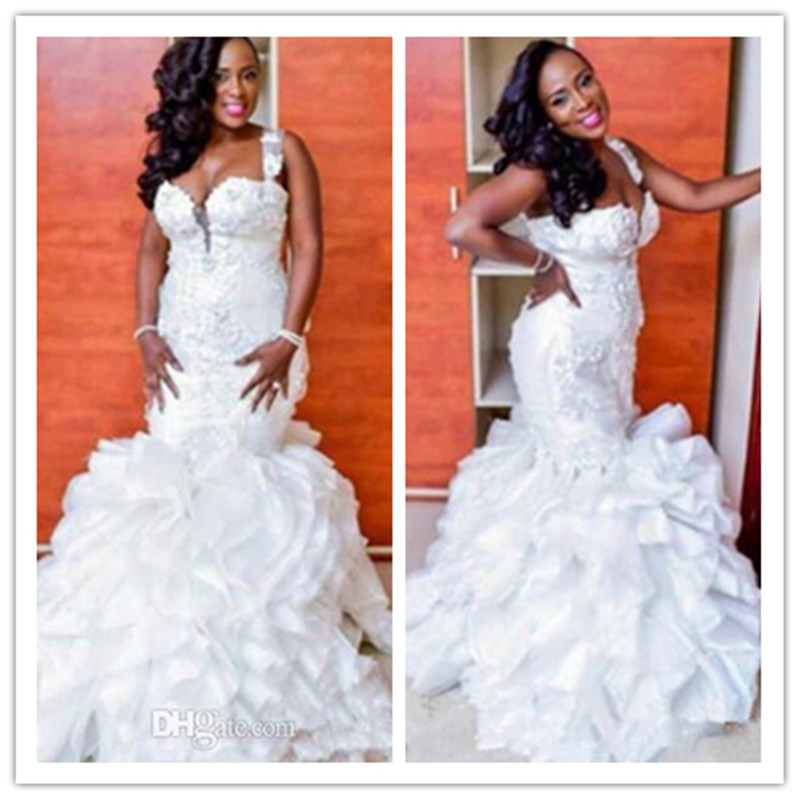 Robe de mariée de luxe sirène avec des sangles plus Taille Appliques Dentelle Satin Ruffles Jupe en organza Robes de mariée Vestido de Noiva