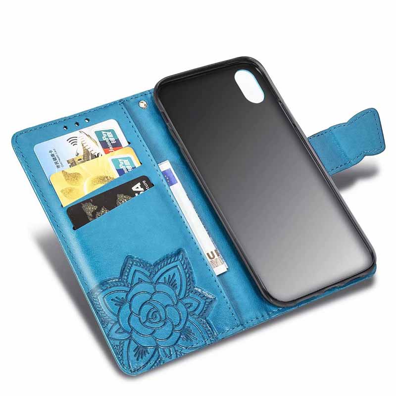 

3D Flower PU Leather Cases For Apple iPhone XS Max XR X Flip lanyard Wallet cellphone Cover iPhone7 8 plus 10, Black