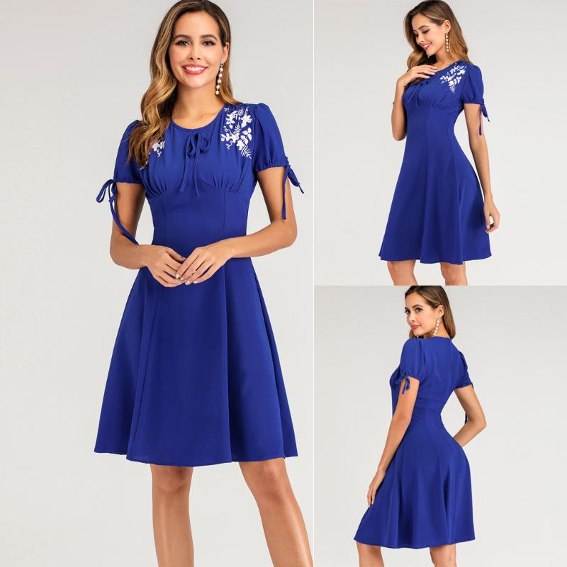 

Dresses Woman party night Floral Printed O-Neck Short Sleeve Casual summer Sexy Dresses clothes for women vestidos de noche, Blue