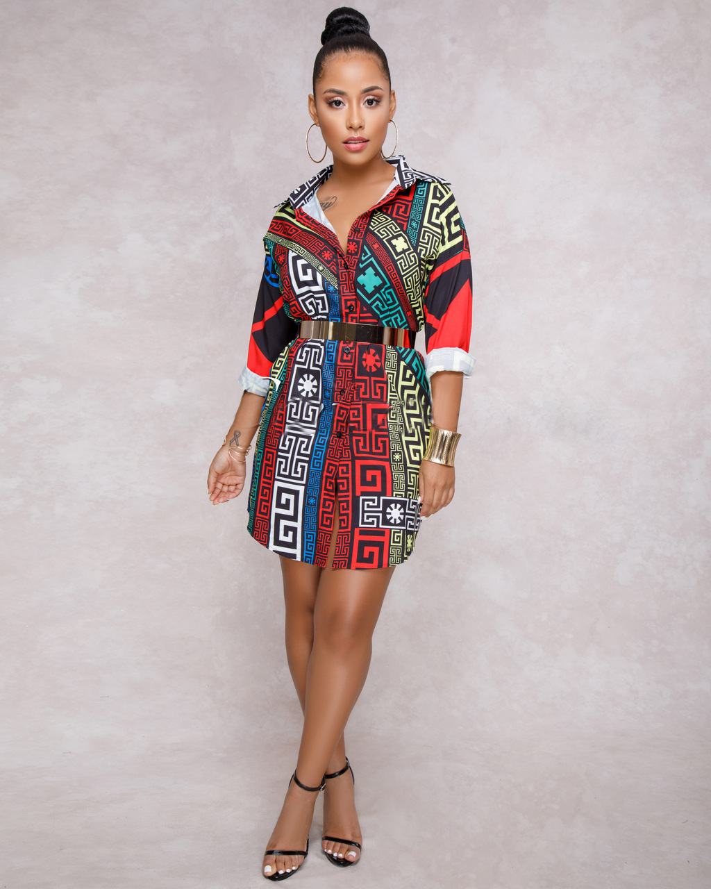 

Fashion- Mini Shirt Dresses Panelled Print Luxury Design Loose Dress Half Sleeve Deep V-Neck Sexy Dress Womens Print Shirt Dresses, Black;gray
