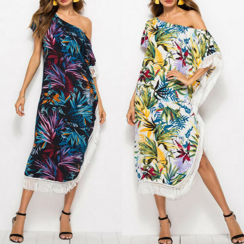 

High Quality Women Floral Swimwear Tassel Swimsuit Green Leaf Beach Dress Cover Up Ladies Summer Bathing Short Sleeve Cover-Up