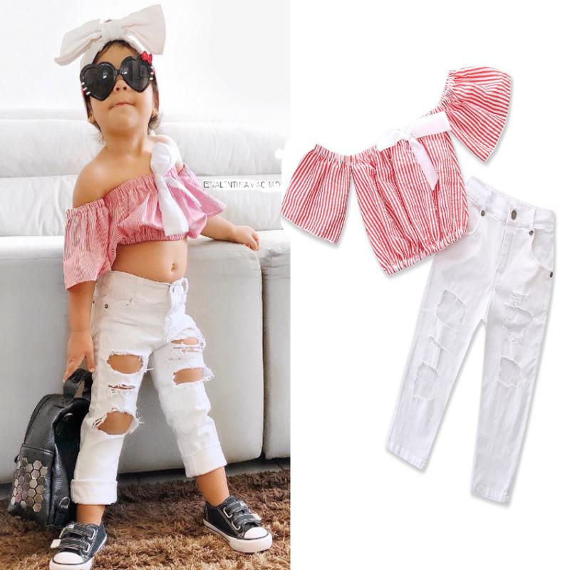 

Girl Clothes Set 2020 New Pink Short-sleeved Off-the-shoulder Striped Top White Fashion Ripped Straight Trousers Two-piece Suit, 18075
