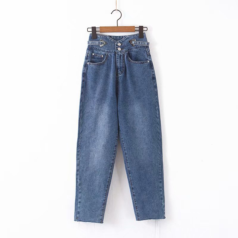 

Korean Style Fashion Jeans Blue Color Ripped High Waist Jeans for Women Full Length Casual Loose Cross-pants