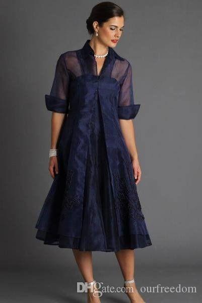 Navy Blue Mother of the Bride Dresses Short Sleeve Mother Dresses Lace Appliques Tea Length With Jacket Formal Evening Prom Party Dresses