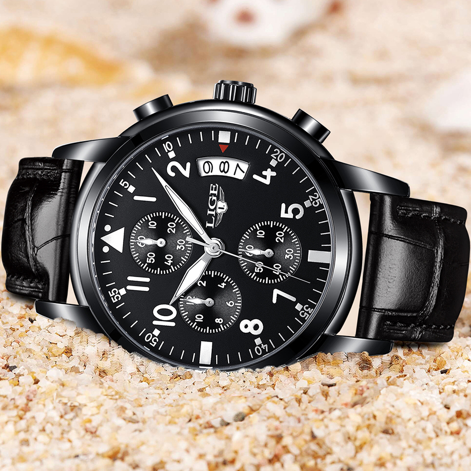 Lige Men Casual Leather Business Clock Mens Watches Top Luxury Quartz