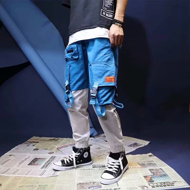 

Cargo Pants Men Loose Hip hop Streetwear Joggers Korean Pocket Patchwork Harem Pants Ankle length Trousers Techwear, A3 blue