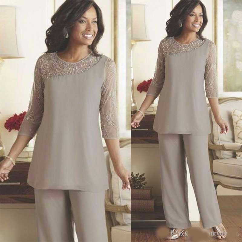 Silver Mother of the Bride Groom Pants Suits Cheap Plus Size Beaded 3/4 Long Sleeves Chiffon Formal Women Weddings Guest Occasion Dresses-image-453460401