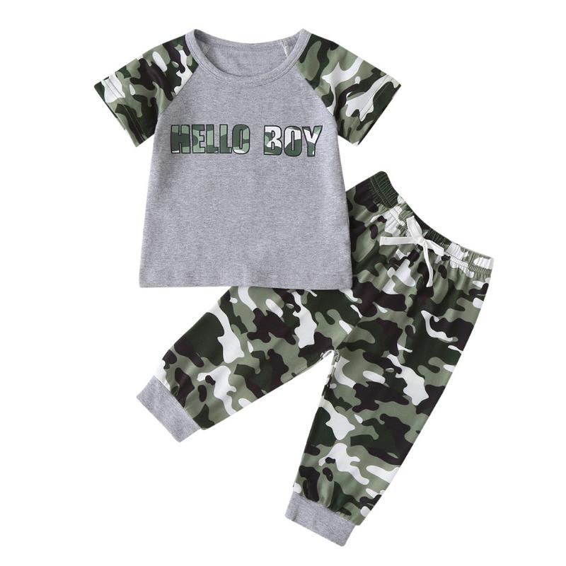 

KANCOOLD Boy Baby Short Sleeve Colorblock Camouflage Letter Print T-shirt + Bow Tie Lace Pants Casual Two-Piece Suit