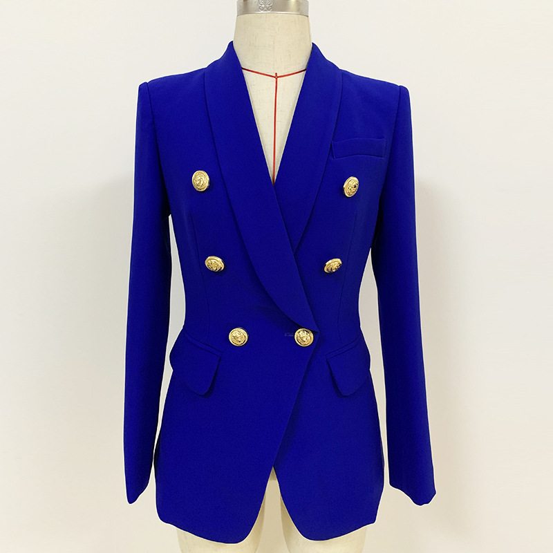 

Hot Personality New Style Top Quality Original Design Women's Double-Breasted Slim Jacket Metal Buckles Blazer Retro Shawl Collar Outwear, Blue