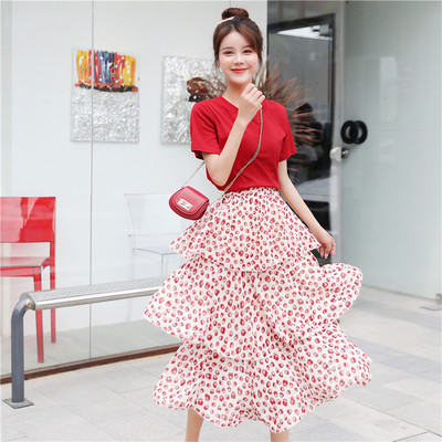 

Solid Simple Short Sleeve Fashion O-Neck Cotton T-shirts Jumper Tees+Floral Ruched High Waist Midi Cake Skirts Women Summer Sets, Red