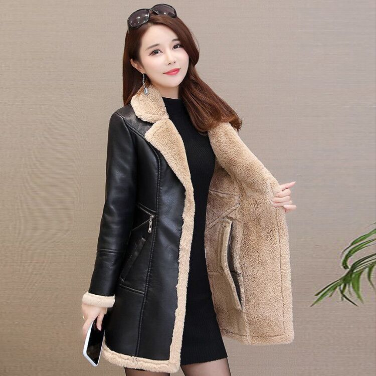 Leather women's mid-length autumn and winter new Korean version of large size plus velvet thick pu leather windbreaker fur one c
