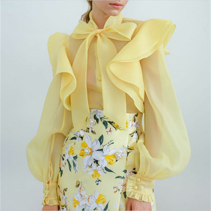 

Women' Bowknot Ruffle Long Puff Sleeve Casual Tops Button Fashion Shirt Trendy Lady Elegant Party Popular Tee, Yellow