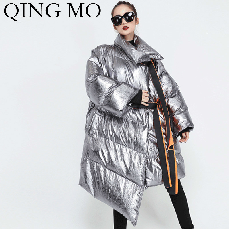

QING MO Personality Women Parkas 2019 Autumn Women Thickening Irregular Loose Parkas With Sashes Long Warm Slim ZQY1659, Silver