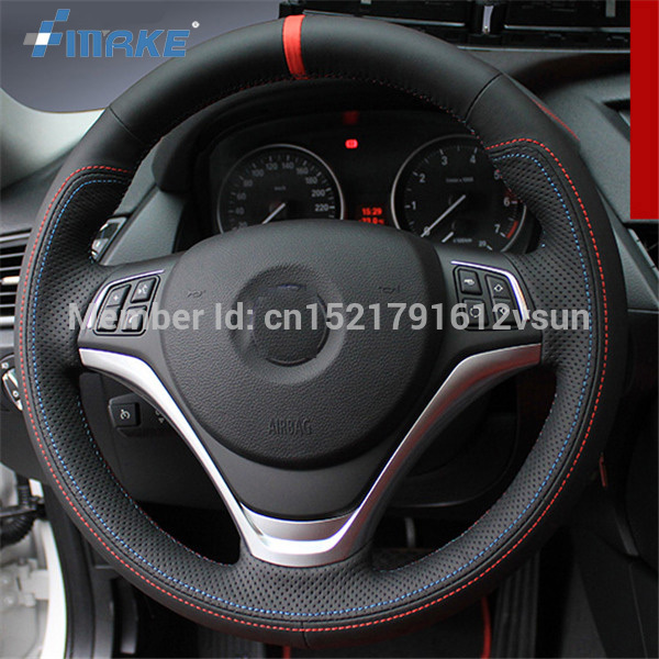 For BMW X1 High Quality Hand-stitched Anti-Slip Black Leather Blue Red Thread DIY Steering Wheel Cover-image-444130196