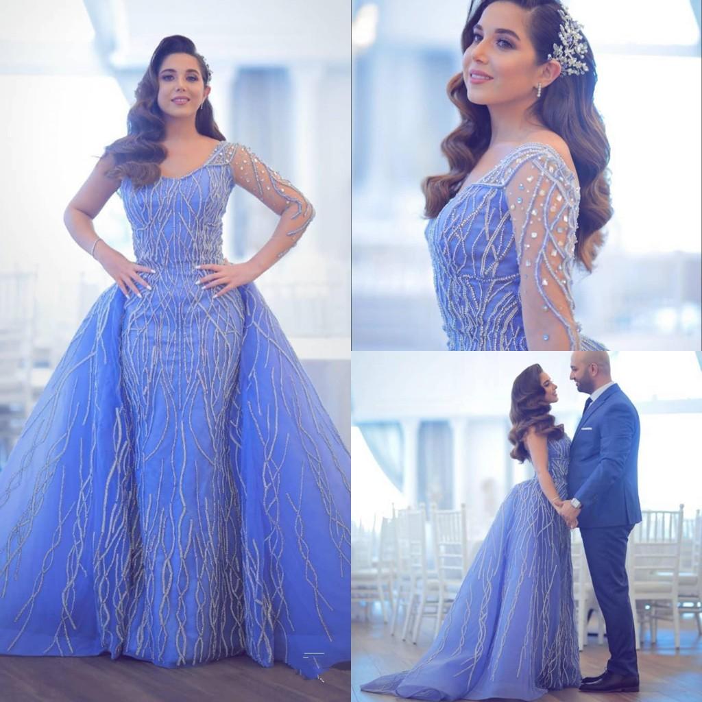 

2020 Arabic Aso Ebi Blue Mermaid Wedding Dress With Detachable Train Luxury Crystal Beaded Plus Size Dubai Long Sleeves Bridal Gown, White