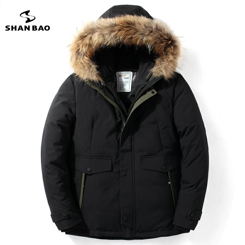 

2018 winter double collar high quality luxury raccoon fur hooded men's casual down jacket thick warm solid color down coat, Black