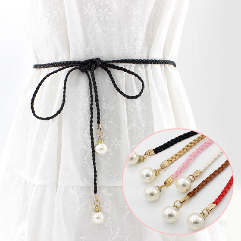 

Belts Candice Multi-color Fashion Sweet Simple Style Dress Thin Waist Rope Pearl Woven Belt For Women Accessories, Black