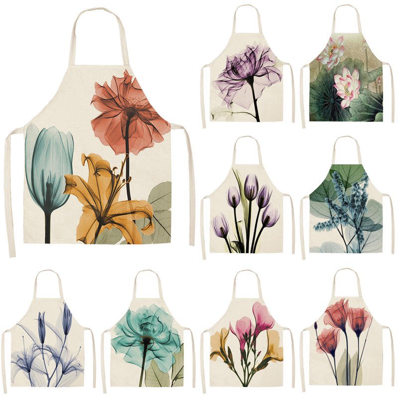 

1Pcs Cotton Linen Flower Lotus Pattern Women Apron for Home Decorative Kitchen Restaurant Cooking Bib Aprons 53*65cm WQ0006