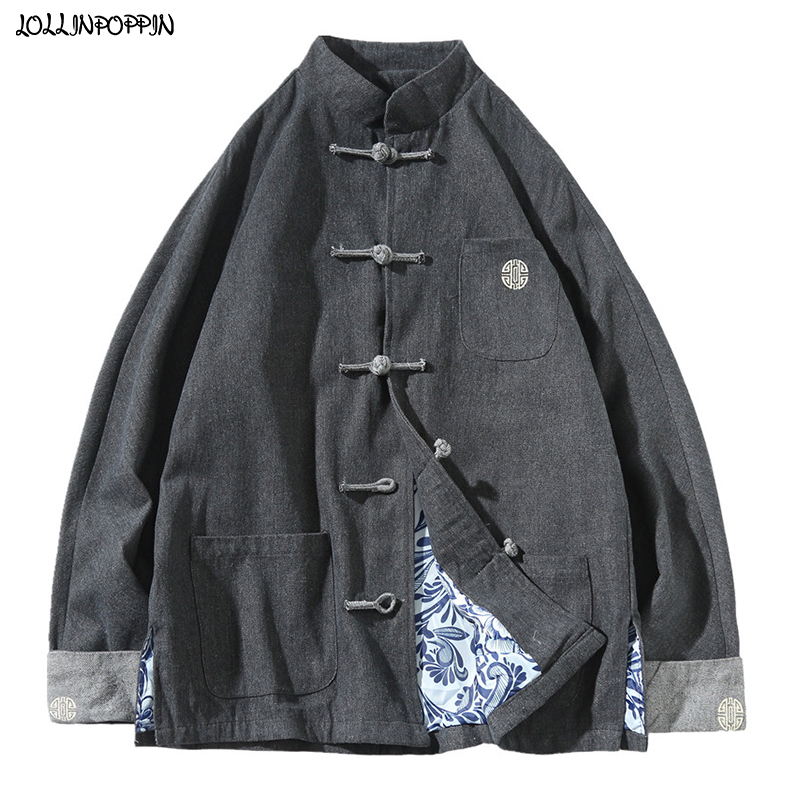 

Chinese Style Embroidery Pattern Men Denim Jacket Closure Single Breasted Stand Collar Mens Retro Jean Jackets, Black