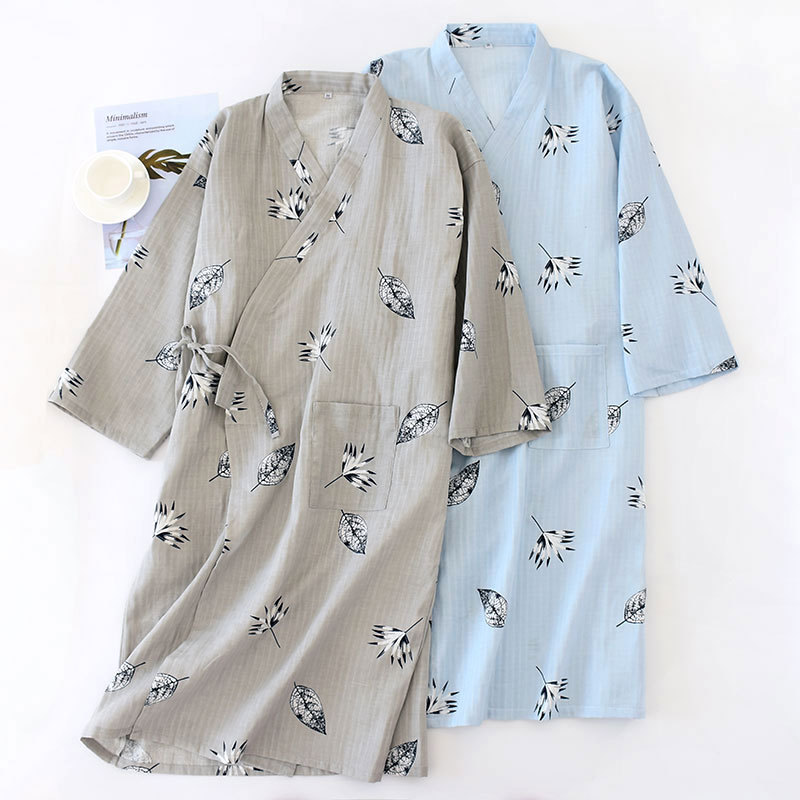 

Men's Gauze Cotton Thin Summer Bathrobe Men Kimono Bath Robe Breathable Soft Loose Casual Men Sleepwear Long Sleeve Nightgown, Blue