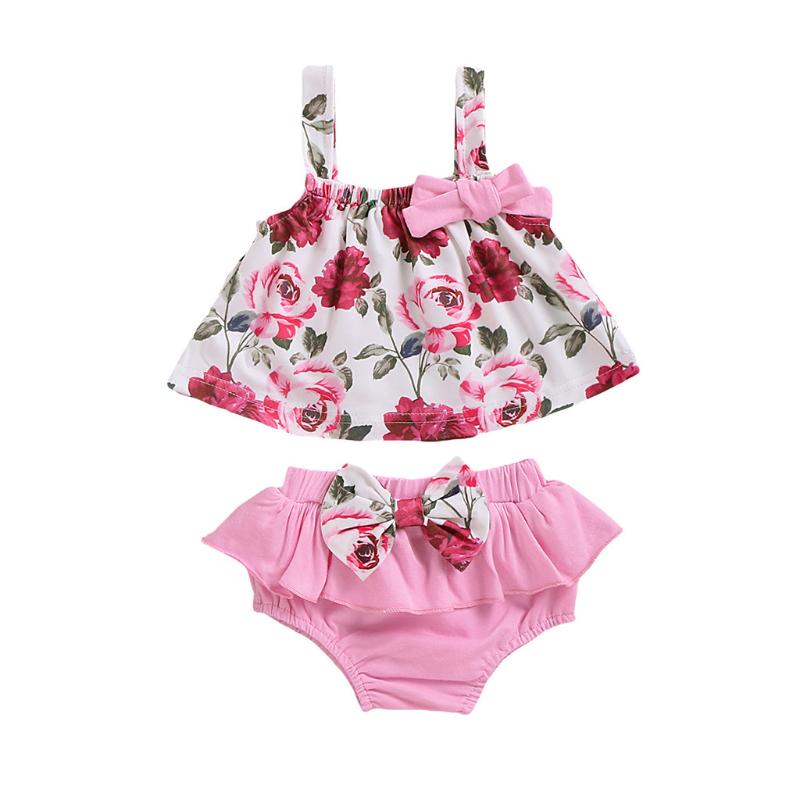 

KANCOOLD baby girl summer new recommended sleeveless rose print solid color bow vest + floral bow frill ruffled shorts suit, Pink