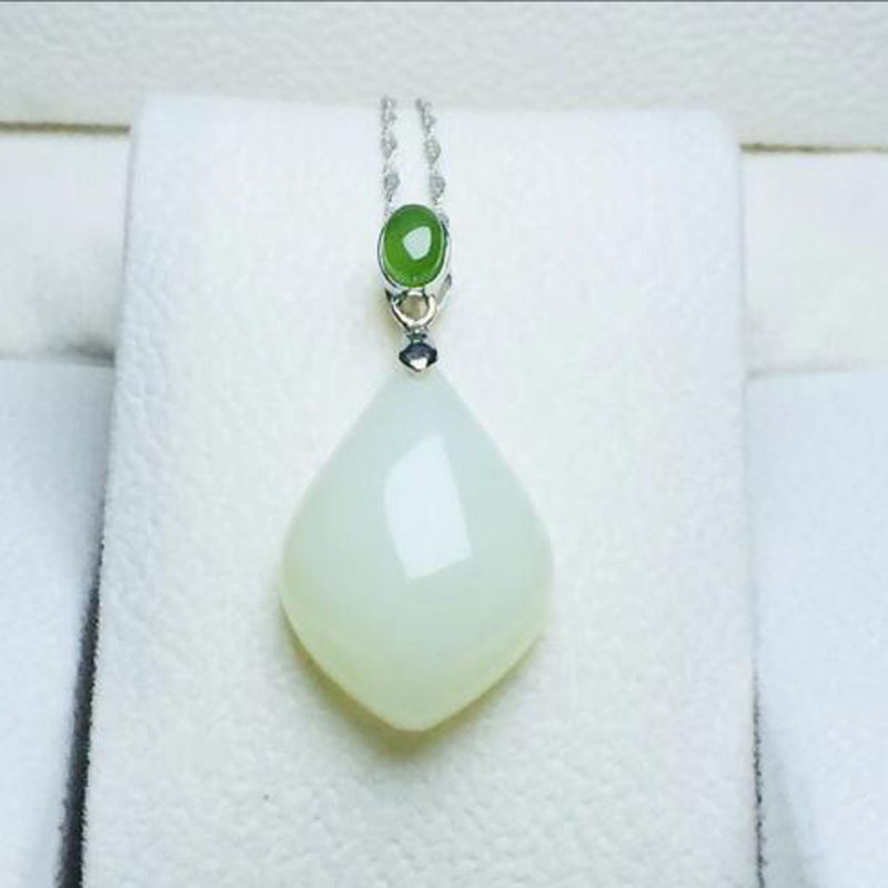 

Real 925 Silver White HeTian Jade Rhombus Shape Design Lucky Pendant + Chain Choker Necklace For Women Jewelry