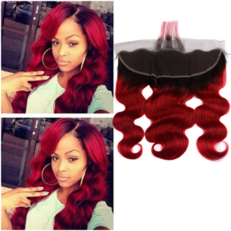 

Brazilian Human Hair 13X4 Lace Frontal With Baby Hair Free Part Body Wave 1B/red Ombre Color Lace Frontal 10-20inch
