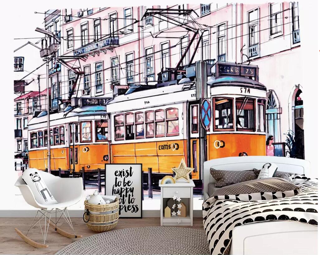 

WDBH custom photo mural 3d wallpaper Modern minimalist nostalgic street bus home decor living room 3d wall murals wallpaper for walls 3 d, Non-woven