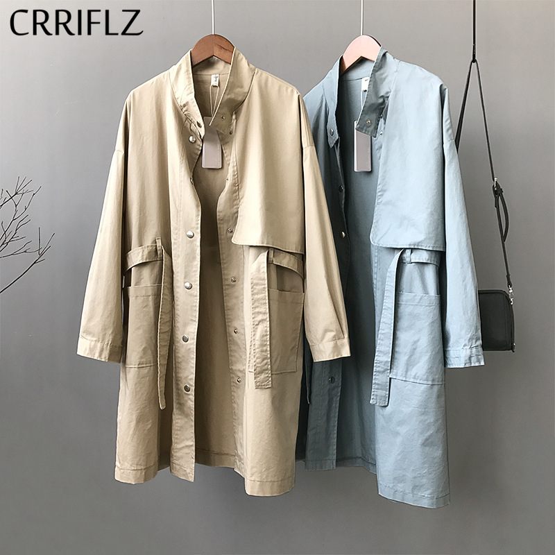 

Spring Solid Stand Collar Trench Coat Women Casual Sashes Trench Outwear 2020 New CRRIFLZ, Khaki