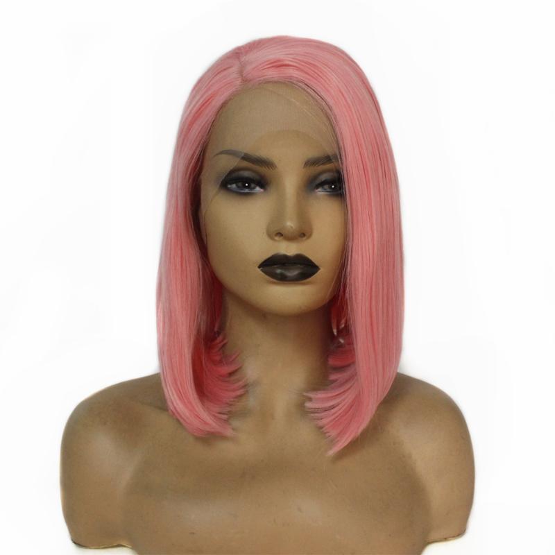 

Pink Color Short Bob Glueless Synthetic Lace Front Wigs Heat Resistant Straight Hair Cosplay Party Wigs For Women Side Part, Dark brown