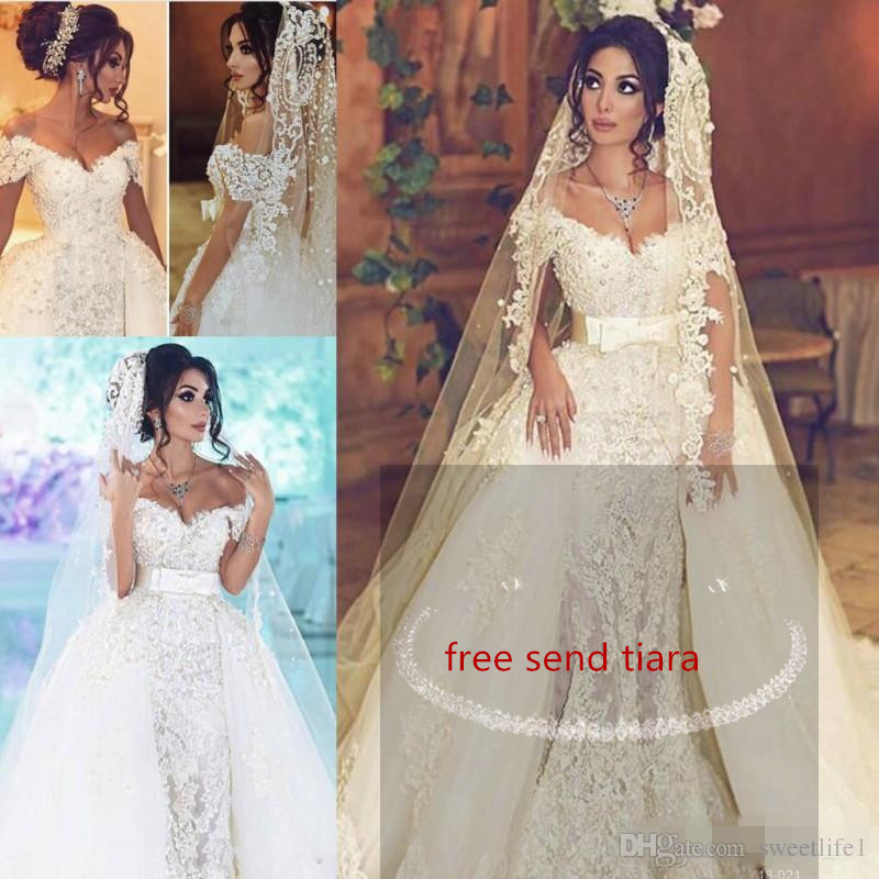 

Gorgeous 2019 Overskirts Wedding Dresses With Detachable Train Pearls Mermaid Bridal Gown Lace Dubai Wedding Dresses Custom Made, Black