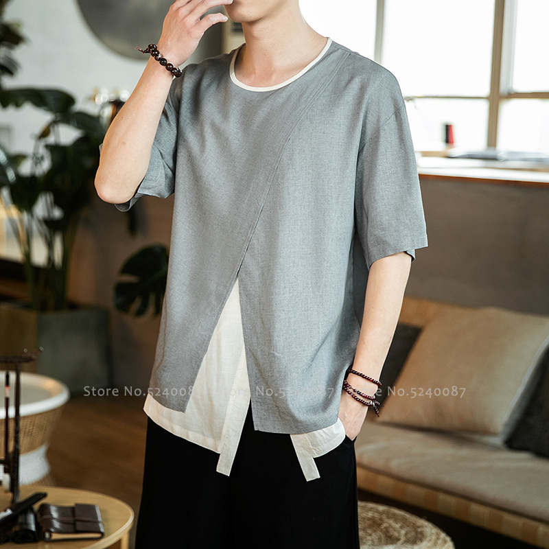 

Summer Chinese Style Traditional Hanfu Linen Tee Tops Tang Suit Men Outdoor Sports T-shirt Loose Blouse Kimono Costumes