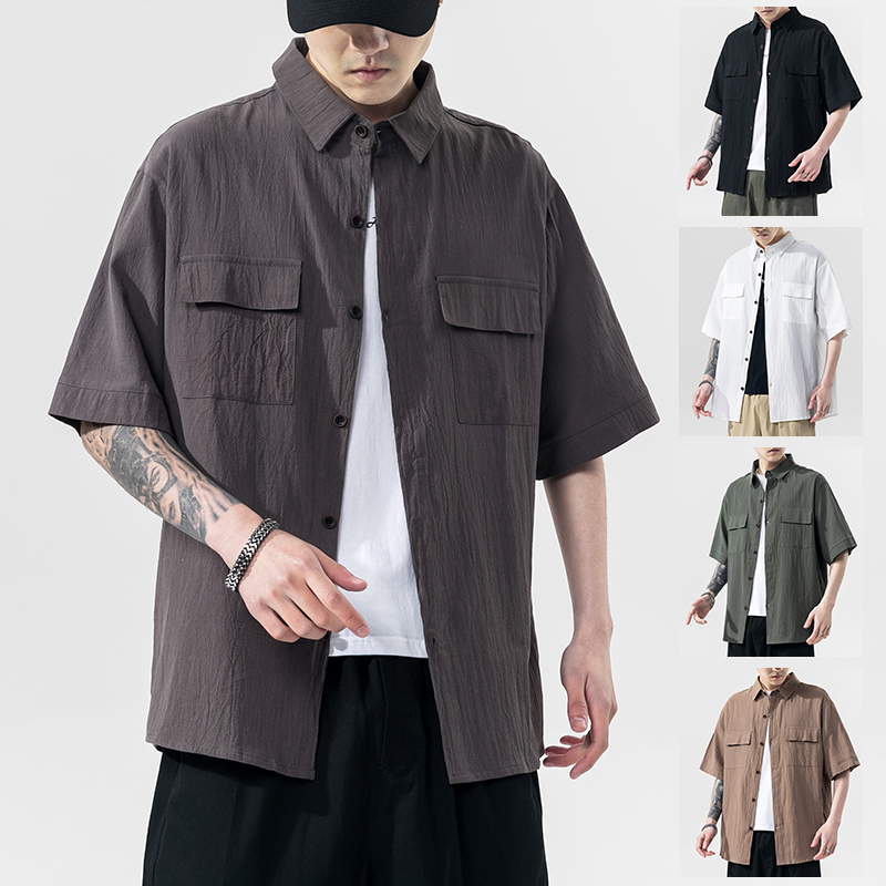 

2020 NEW Men Shirt Loose Fit Lapel Neck Short Sleeve Solid Color Streetwear Casual Shirt Men Camisa Social, Black