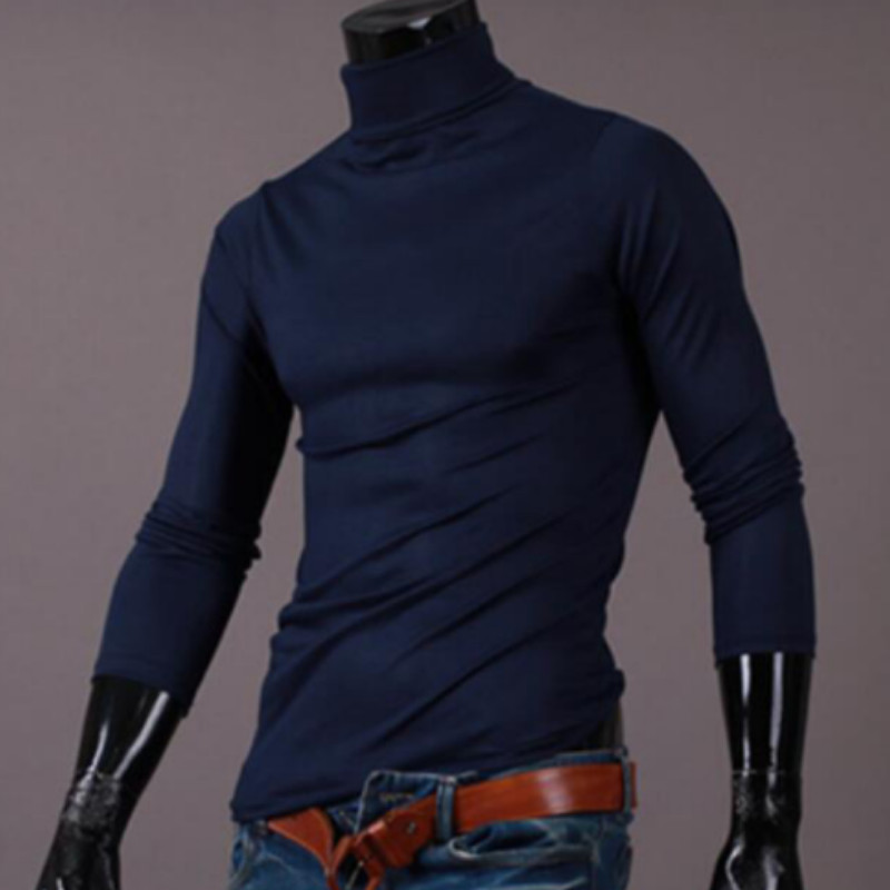 

New Turtleneck Men Autumn T-shirts Long Sleeves Cotton Warm Soft Slim Fit Pullover Casual Minimalist Male Tee Tops -XXL, Black