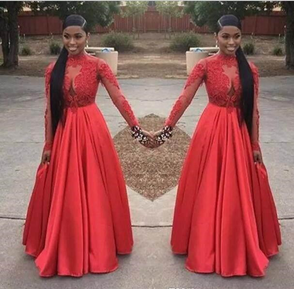 

Sexy African High Neck Black Girl A-line Prom Dresses Floor-length Appliques Lace Party Gowns Long Sleeve Evening Dresses B54, Yellow