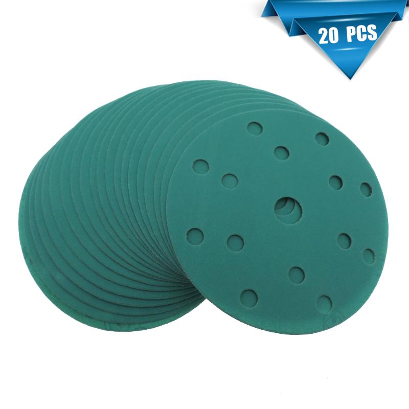 

20Pcs 6 Inch 150MM 17 Holes 60 to 2000 Grits Hook and Loop Polyester Film Green Sandpaper Sanding Disc