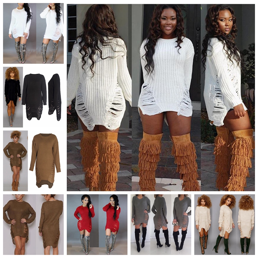 Mode européenne couleur unie col rond manches longues gland robe pull en tricot blanc, rouge, noir support lot mixte