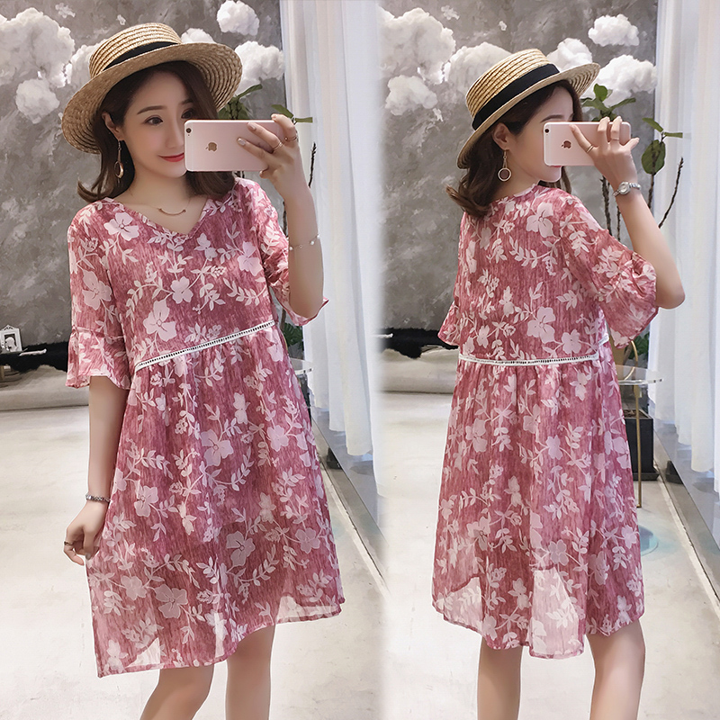 

8211# Maternity Dress Summer chiffon Short Sleeve Easy Matching Loose Stylish Dress for Pregnant Women Mom, Red