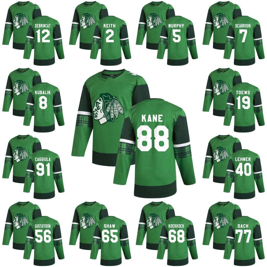 

88 Patrick Kane Chicago Blackhawks 2020 St. Patrick' Day Jersey Duncan Keith Jonathan Toews Erik Gustafsson Andrew Shaw Kirby Dach Strome, Youths s-xl