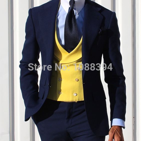 

2019 Navy Blue Men Suits Slim Fit Formal Business Blazer Yellow Double Breasted Vest 3 Pieces Groom Wedding Suits For Men Terno, As picture