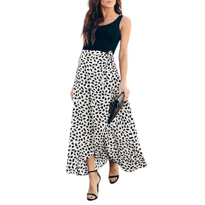 

Fashion Ladies Skirts Elegant Retro Bud Wave Polka Dot Printed Split Decoration Long Skirt Hot, Black