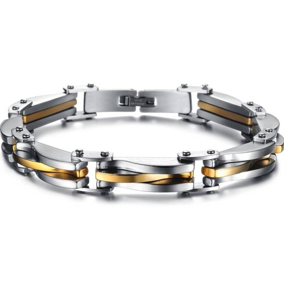 

Two Tone Stainless Steel Men's Chain Link Bracelet Wristband 22cm High Quality Rock Man Pulseiras Gifts