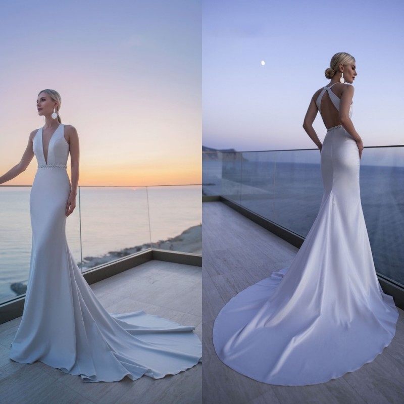 

2019 Mermaid Eddy K Wedding Dresses Deep V Neck Satin Sweep Train Boho Wedding Dress Custom Plus Size Beach Backless Bridal Gowns, Water melon