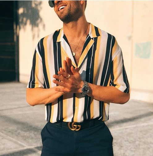 

Men Fashion Short Sleeve Regular Fit Button Down Shirt Summer Casual Vertical Striped Shirt Turn Down Collar Single Breasted Button Blouse, Yellow
