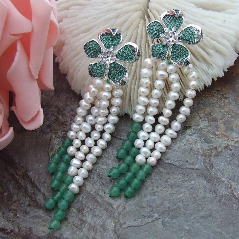 

Other Stylish 3.7" White Freshwater Pearl Green Jade Earrings Zircon Pave Flower Stud