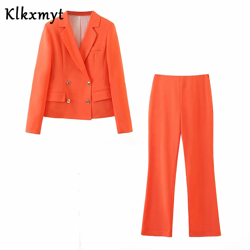 

Klkxmyt two pieces sets women england style solid simple double breasted short blazers women jackets tops suits pants trousers
