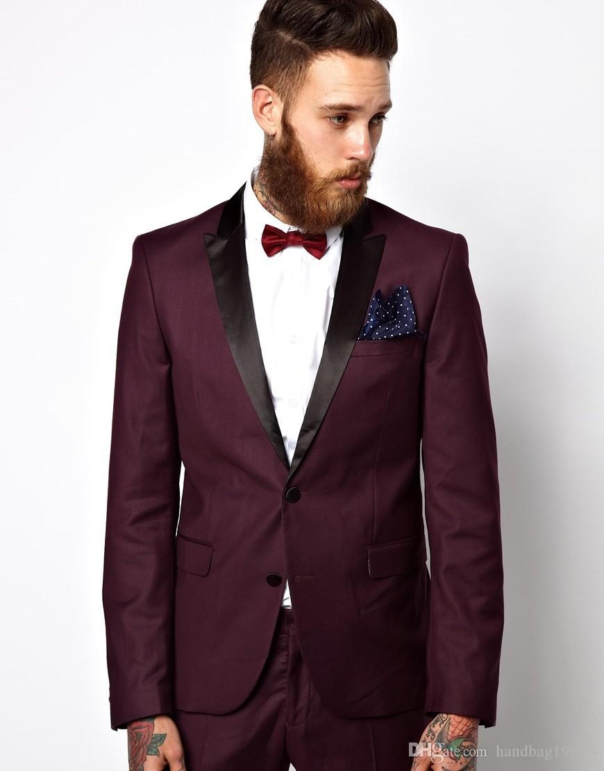 

High Quality Two Button Burgundy Groom Tuxedos Groomsmen Peak Lapel Best Man Blazer Mens Wedding Suits (Jacket+Pants+Tie) H:736, Same as image