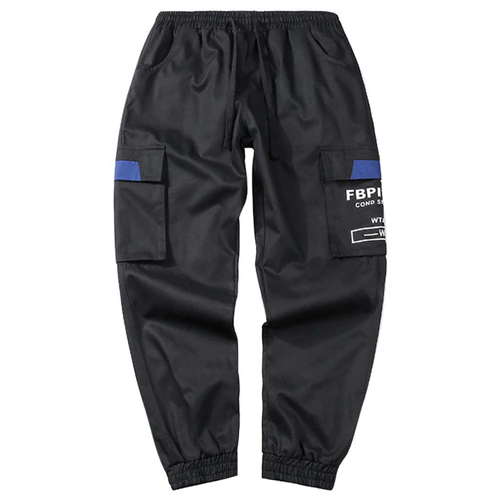 

Vogue Cargo Pants Men Summer Casual Letters Pants Mutil Pocket Loose Trousers Hip Hop Long, Black